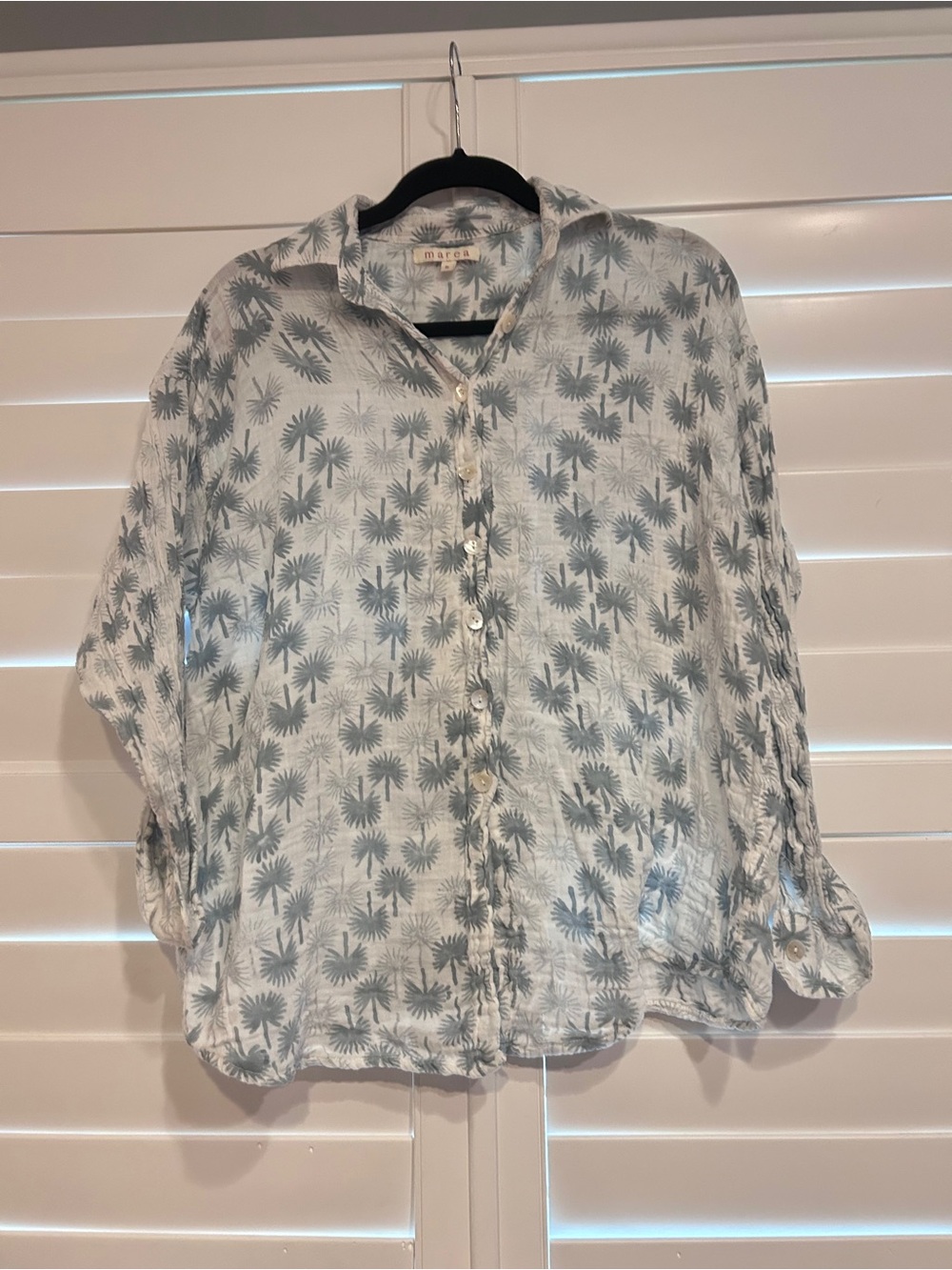 Marea Palm Tree Printed Cotton Button Down White Blue Size Small